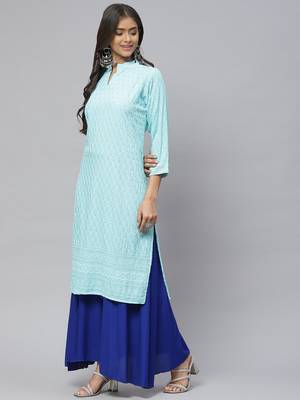Turquoise embroidered cotton
 ethnic-kurtis 2