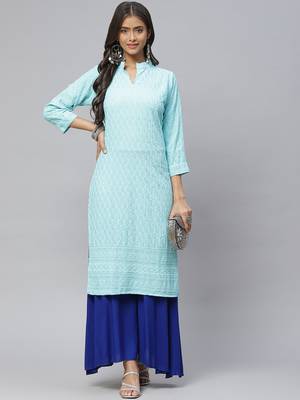 Turquoise embroidered cotton
 ethnic-kurtis 3
