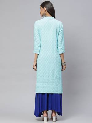 Turquoise embroidered cotton
 ethnic-kurtis 4