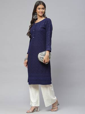 Navy-blue embroidered cotton
 ethnic-kurtis 3