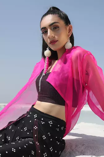 Ameera Hot Pink Sheer Jacket Flutter Pants Set