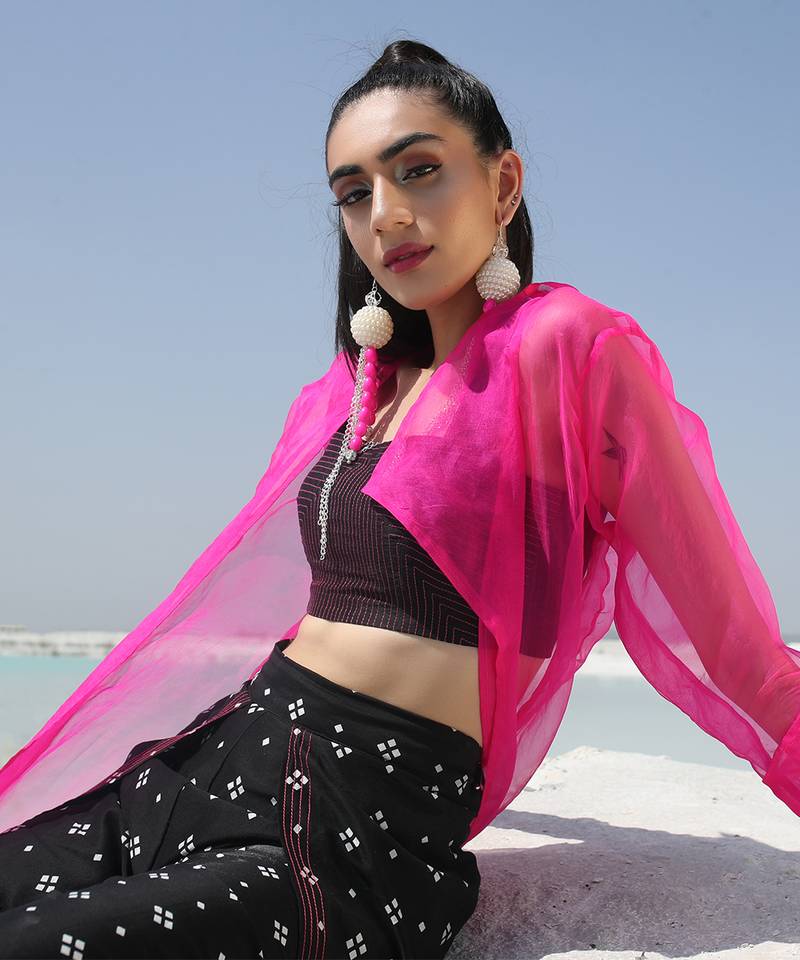 Ameera Hot Pink Sheer Jacket Flutter Pants Set