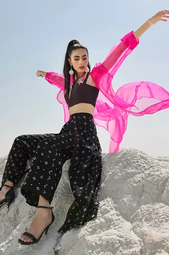Ameera Hot Pink Sheer Jacket Flutter Pants Set