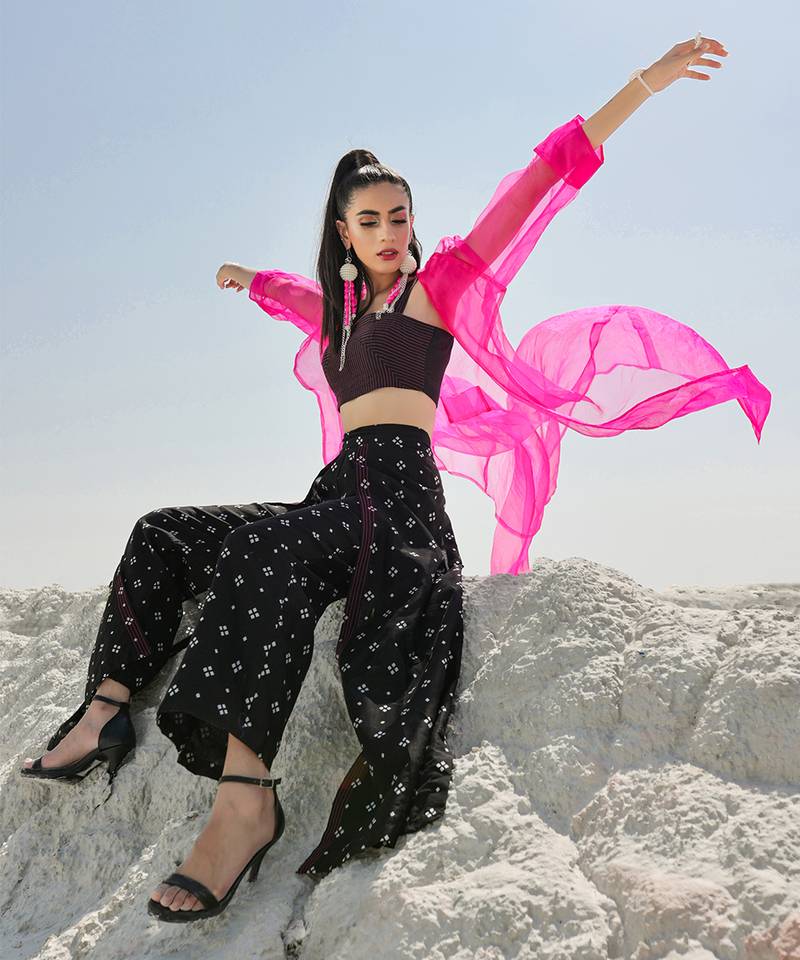 Ameera Hot Pink Sheer Jacket Flutter Pants Set