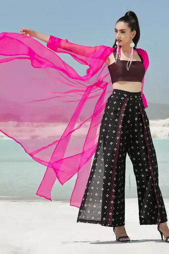 Ameera Hot Pink Sheer Jacket Flutter Pants Set