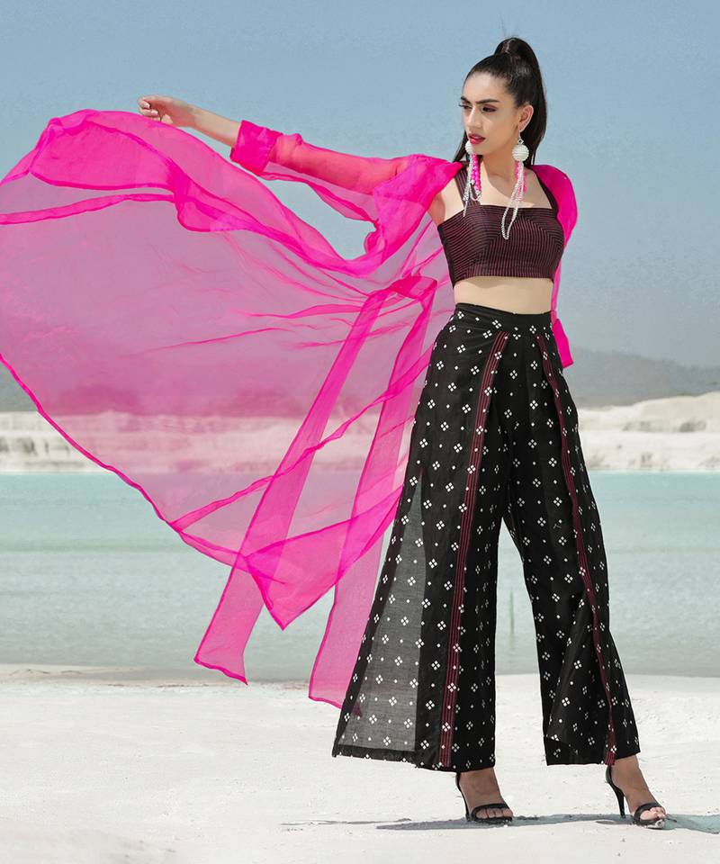 Ameera Hot Pink Sheer Jacket Flutter Pants Set