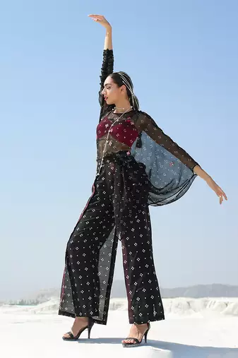 Ameera Ooze Sheer Cape Top With Flutter Pants