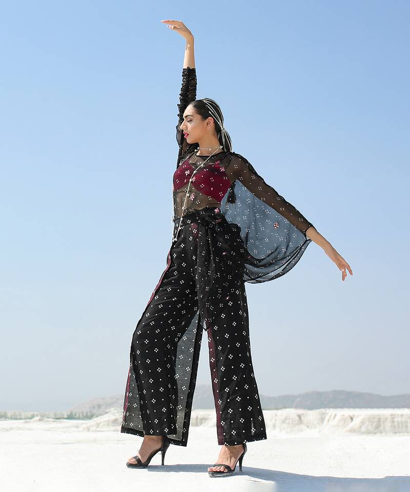 Ameera Ooze Sheer Cape Top With Flutter Pants