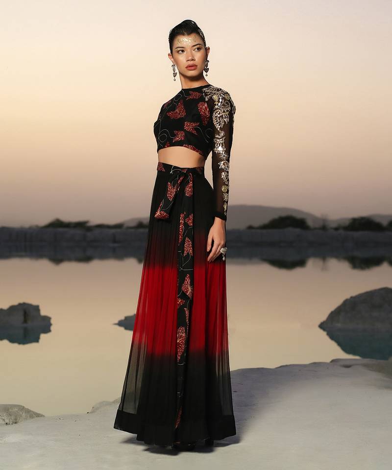 Ameera Magical Sleeve Top With Hued Skirt Set