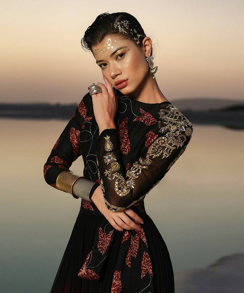 Ameera Magical Sleeve Top With Hued Skirt Set