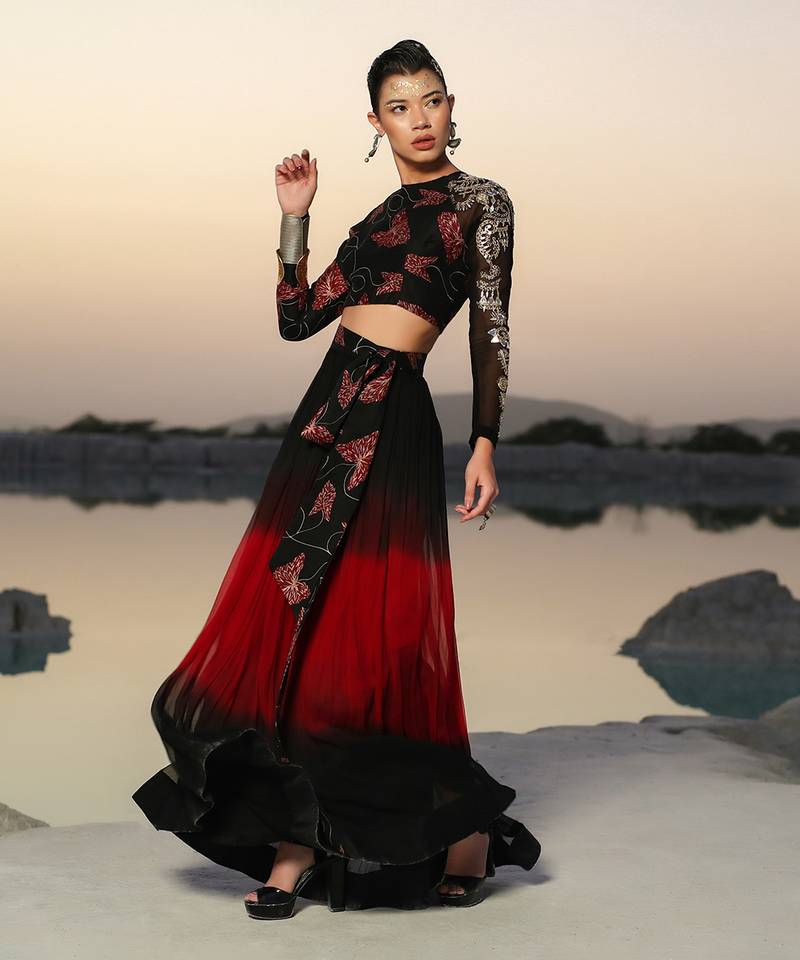 Ameera Magical Sleeve Top With Hued Skirt Set