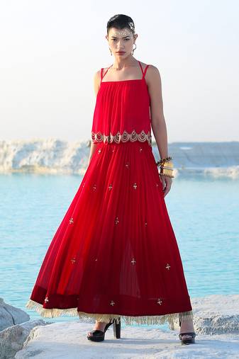 Ameera Romantic Red Dazzle Singlet With Wide Legged Palazzo