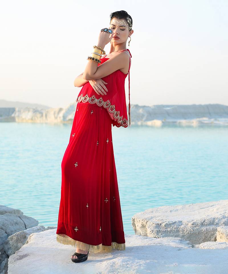 Ameera Romantic Red Dazzle Singlet With Wide Legged Palazzo