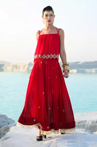 Ameera Romantic Red Dazzle Singlet With Wide Legged Palazzo
