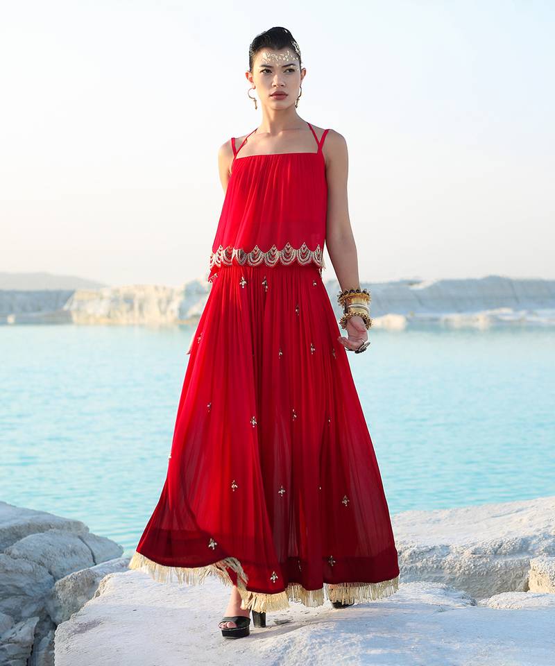 Ameera Romantic Red Dazzle Singlet With Wide Legged Palazzo