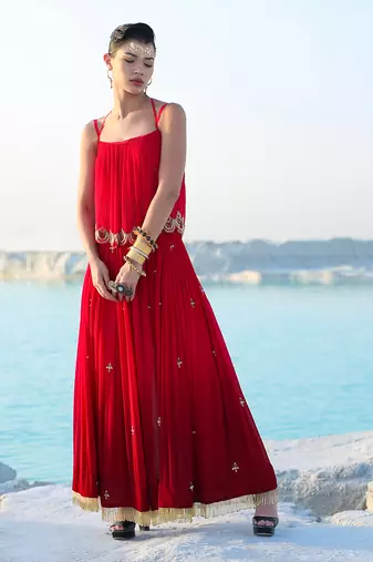 Ameera Romantic Red Dazzle Singlet With Wide Legged Palazzo