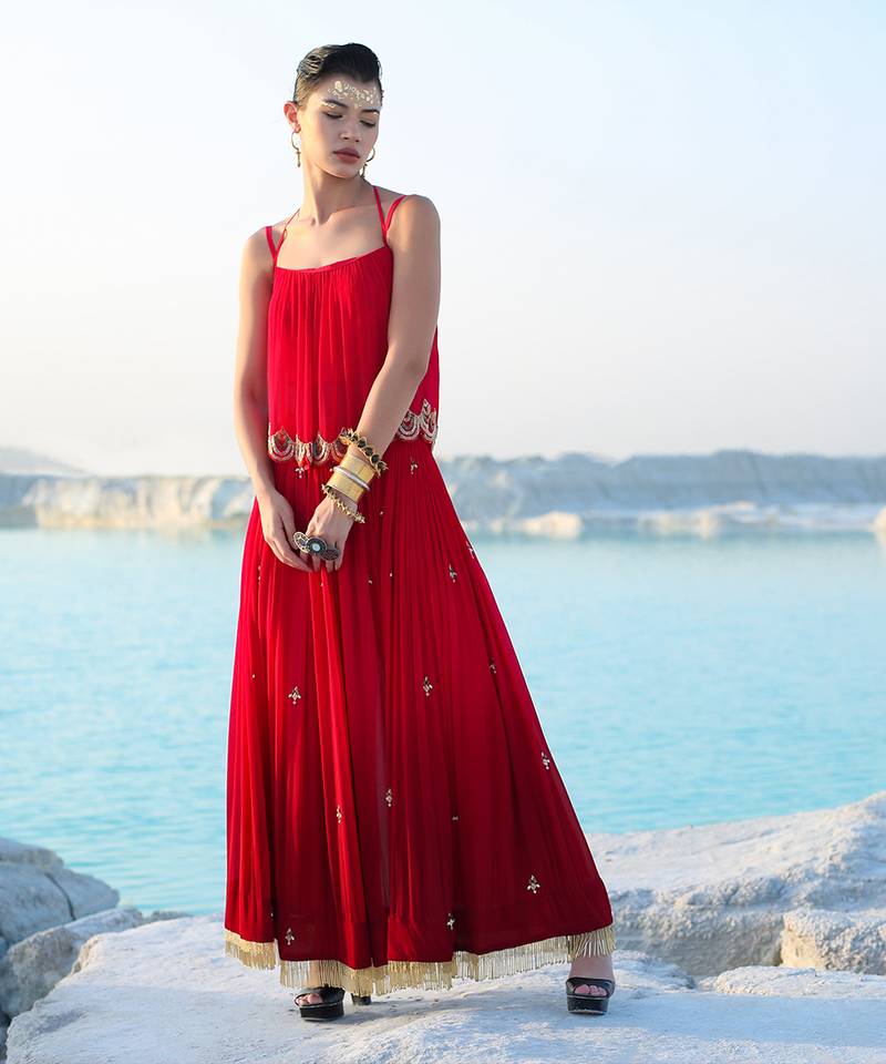 Ameera Romantic Red Dazzle Singlet With Wide Legged Palazzo
