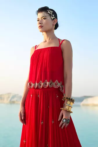 Ameera Romantic Red Dazzle Singlet With Wide Legged Palazzo
