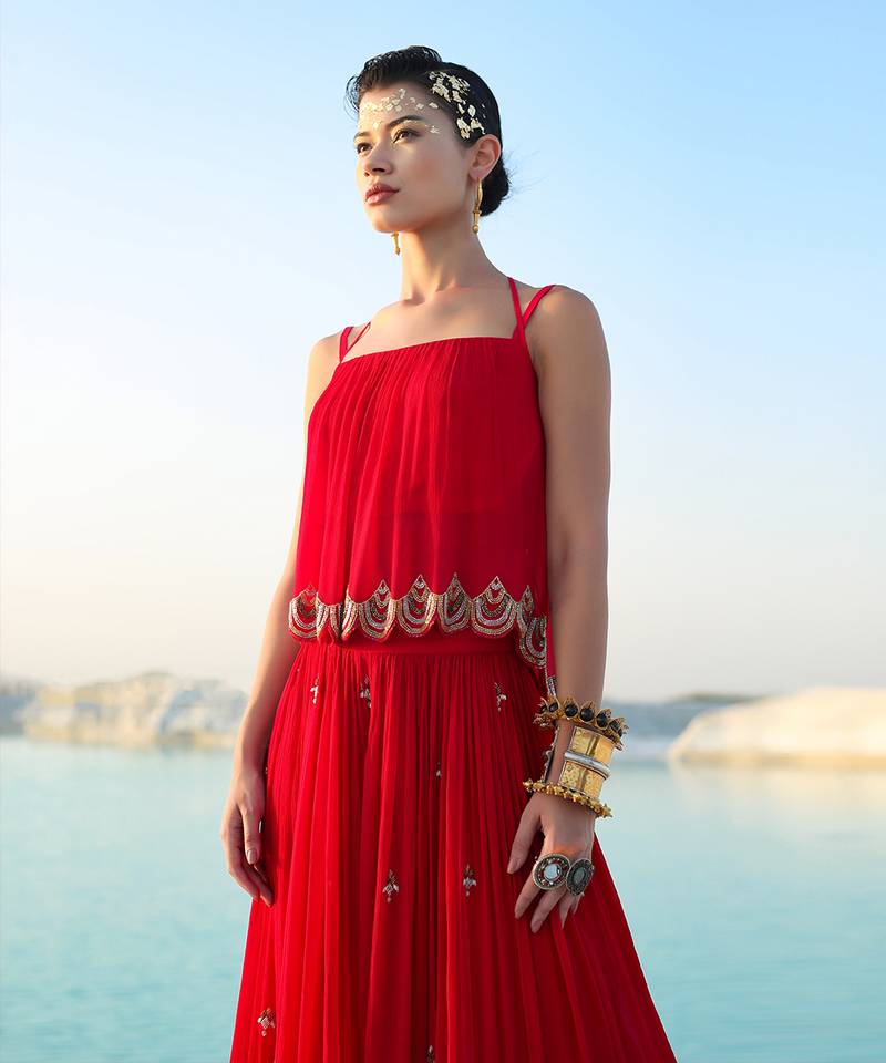 Ameera Romantic Red Dazzle Singlet With Wide Legged Palazzo