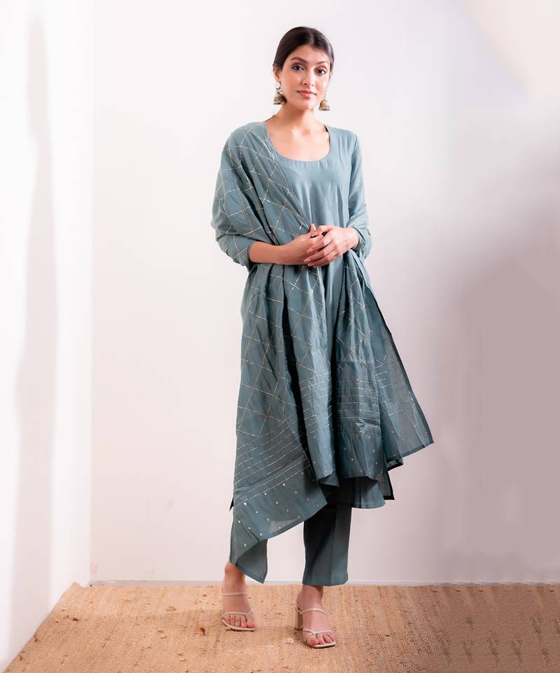 Blue Husna Straight Fit Kurta Set