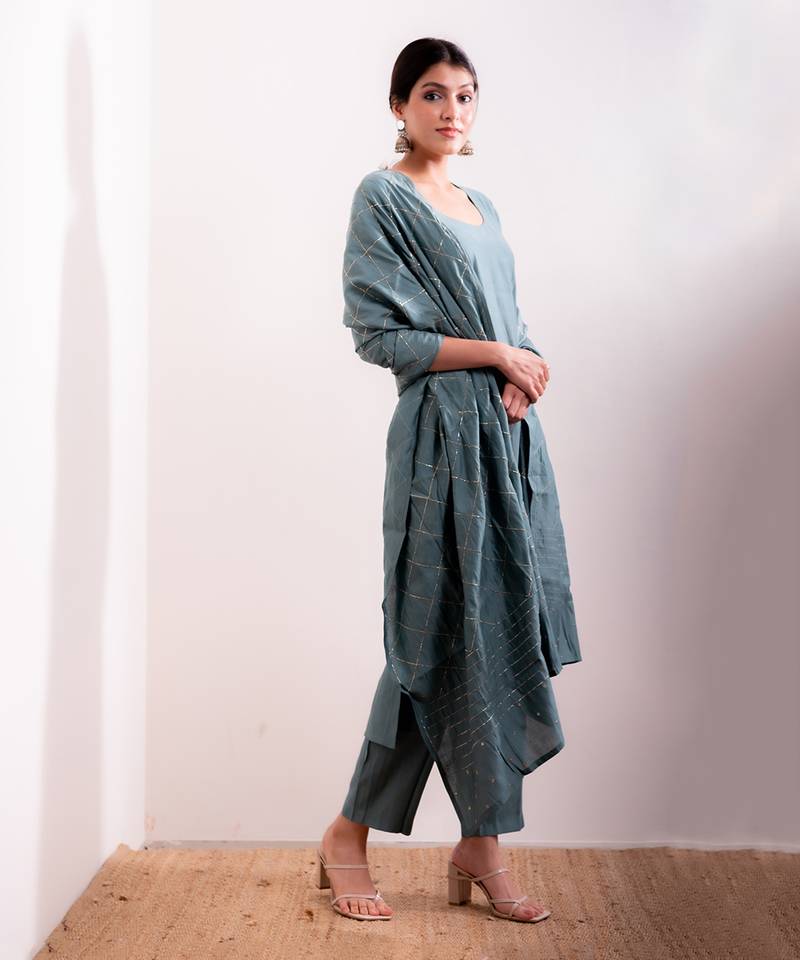 Blue Husna Straight Fit Kurta Set