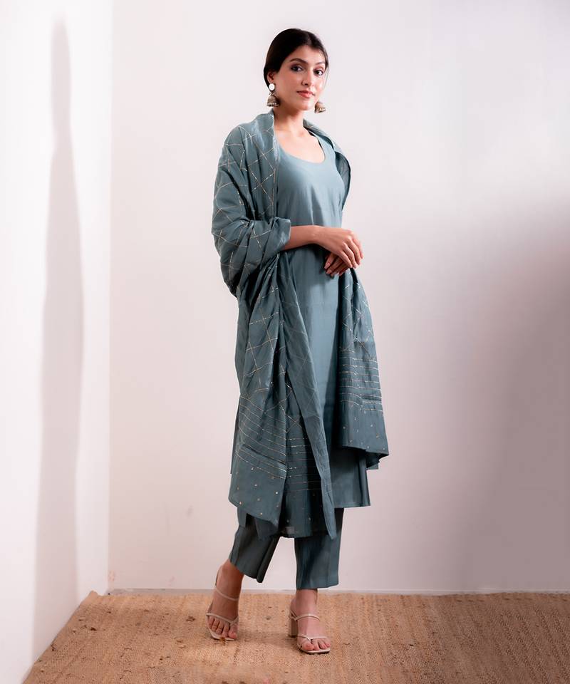 Blue Husna Straight Fit Kurta Set