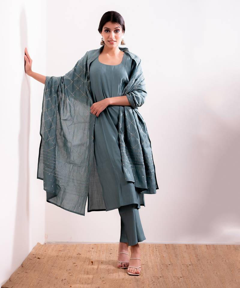 Blue Husna Straight Fit Kurta Set