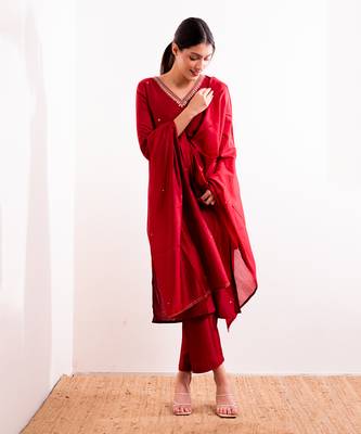 Red Firdaus Straight Fit Kurta Set 3