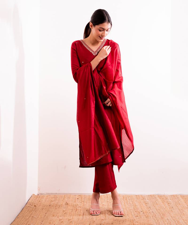 Red Firdaus Straight Fit Kurta Set