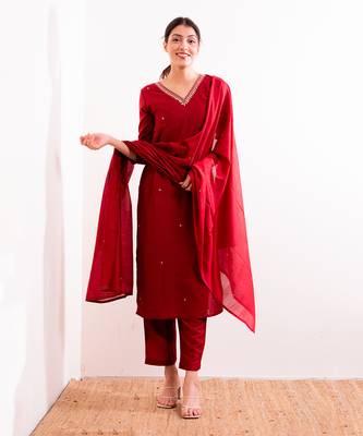 Red Firdaus Straight Fit Kurta Set 1