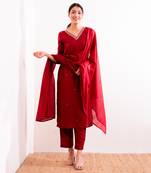 Red Firdaus Straight Fit Kurta Set