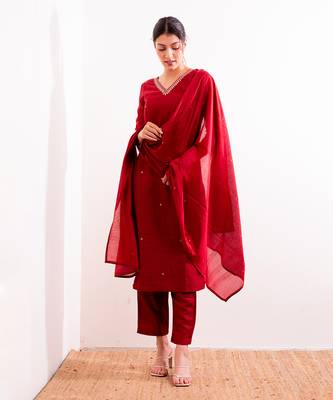 Red Firdaus Straight Fit Kurta Set 4