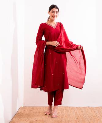 Red Firdaus Straight Fit Kurta Set 5