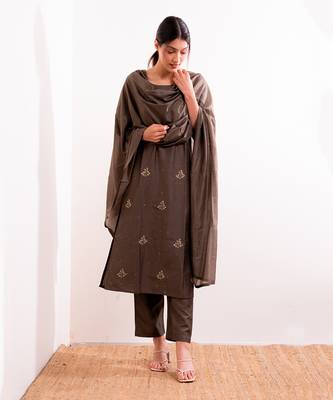 Grey Roza Straight Fit Kurta Set 3