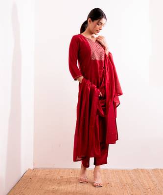 Red Aarzoo Straight Fit  Suit Set 2