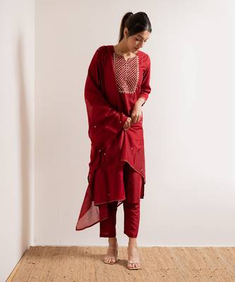 Red Basant Straight Fit  Suit Set 6
