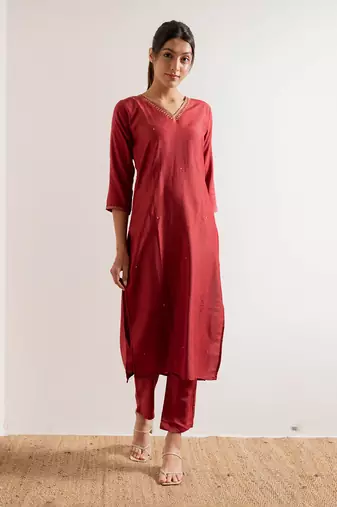 Tomato Red Gul Straight Fit  Suit Set