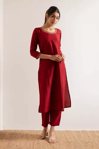 Red Chirmi Straight Fit  Suit Set