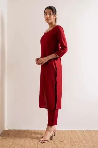 Red Chirmi Straight Fit  Suit Set
