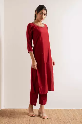 Red Chirmi Straight Fit  Suit Set