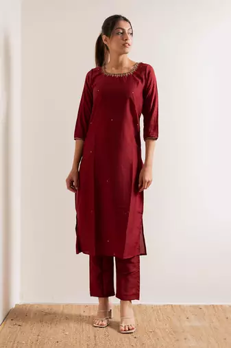 Maroon Kamli Straight Fit  Suit Set