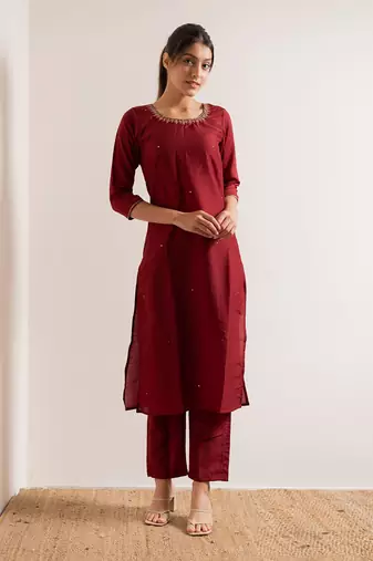 Maroon Kamli Straight Fit  Suit Set