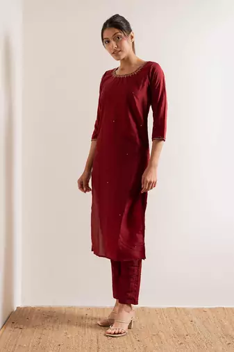 Maroon Kamli Straight Fit  Suit Set