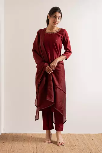 Maroon Kamli Straight Fit  Suit Set