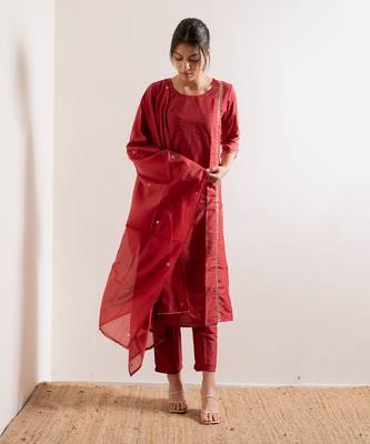 Tomato Red Meher Straight Fit  Suit Set 3