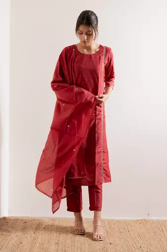 Tomato Red Meher Straight Fit  Suit Set