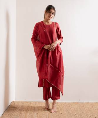Tomato Red Meher Straight Fit  Suit Set 4