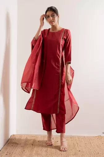 Tomato Red Meher Straight Fit  Suit Set