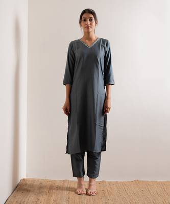 Steel Blue Saanjh Straight Fit  Suit Set 2