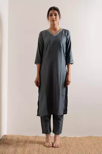Steel Blue Saanjh Straight Fit  Suit Set